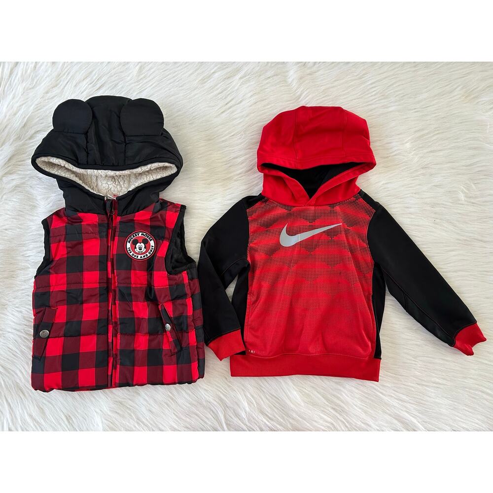 Toddler Boy Bundle Mickey Fleece Lined Zip Vest Nike Red Hoodie Sweatshirt 3T